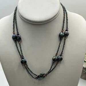 Artisan Sterling Double‎ Strand beaded Iridescent Peacock Coin Pearl Necklace